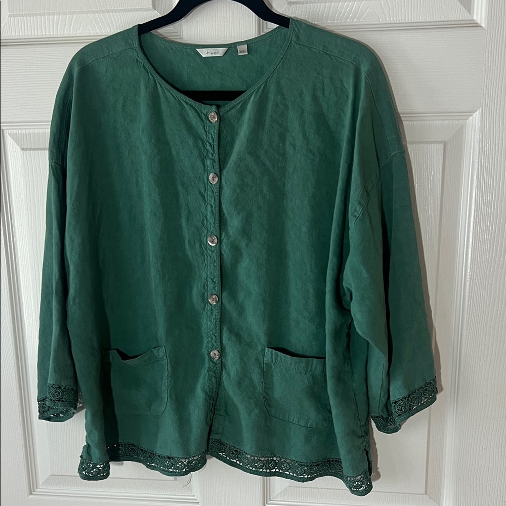 Kleen Jade‎ Green Button-Front Linen Blouse with Lace Trim, Sz XL